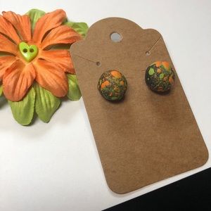 Paint Splatter Ball Stud Earrings (Green & Orange)